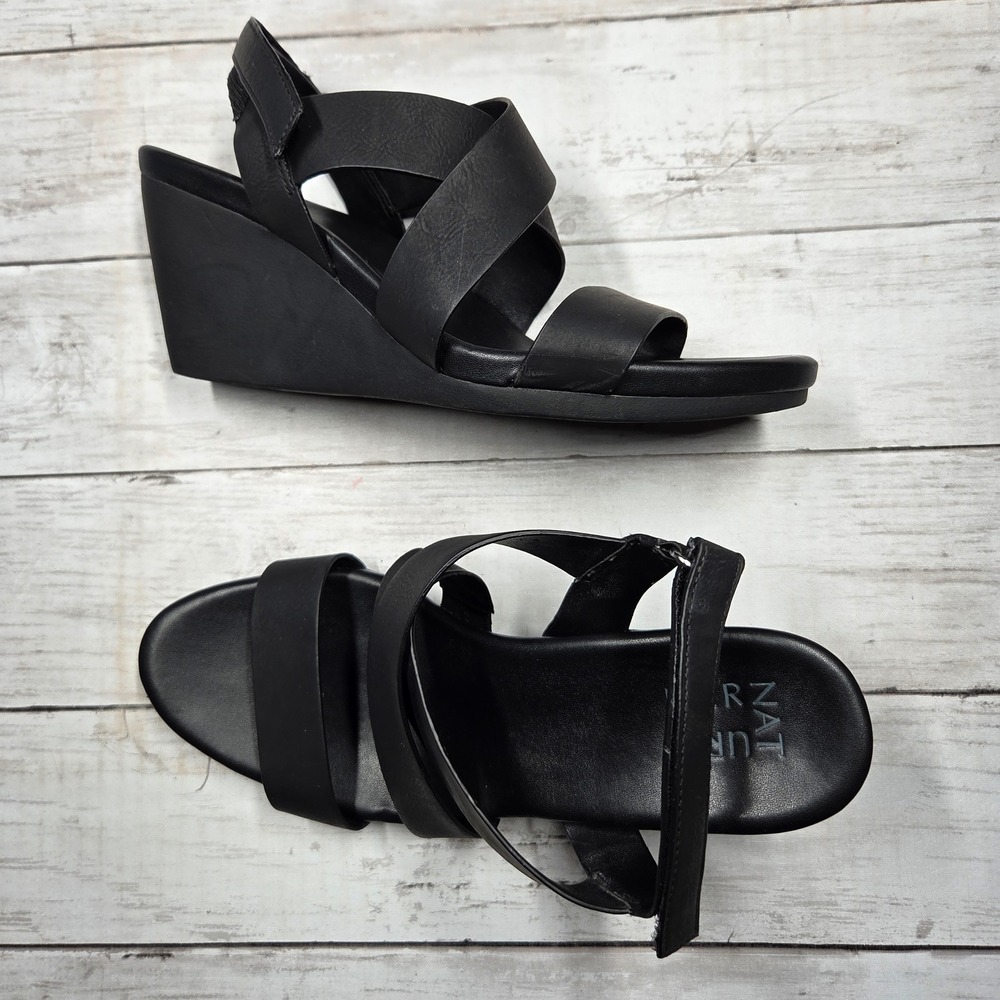 Naturalizer Palmer Wedge Sandal Strappy Women 8.5M Black Hook Loop‎ Comfort